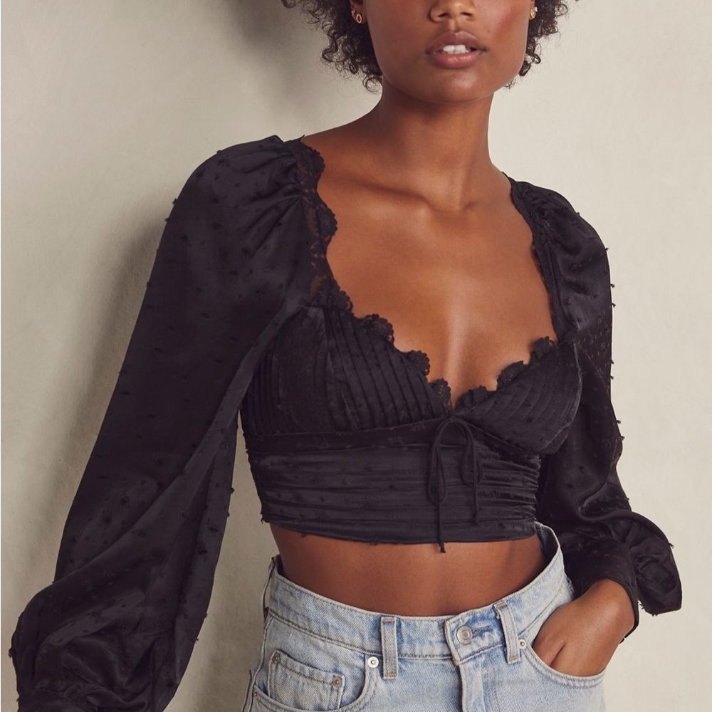 For Love And Lemons Black Puff Sleeve Crop Top